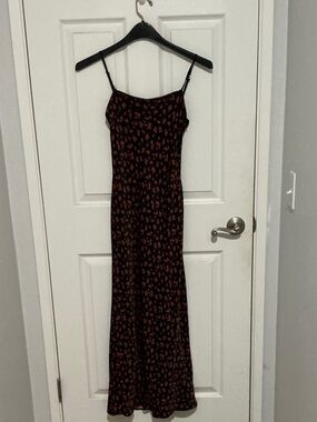 Anthropologie Black Slip Maxi Dress with Red Strawberry Print